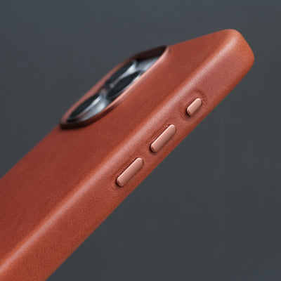 Bare Skin Case for iPhone 15 Pro Max - Full-Grain Leather Case with MagSafe for iPhone 15 Pro Max - Cinnamon - Metal Buttons