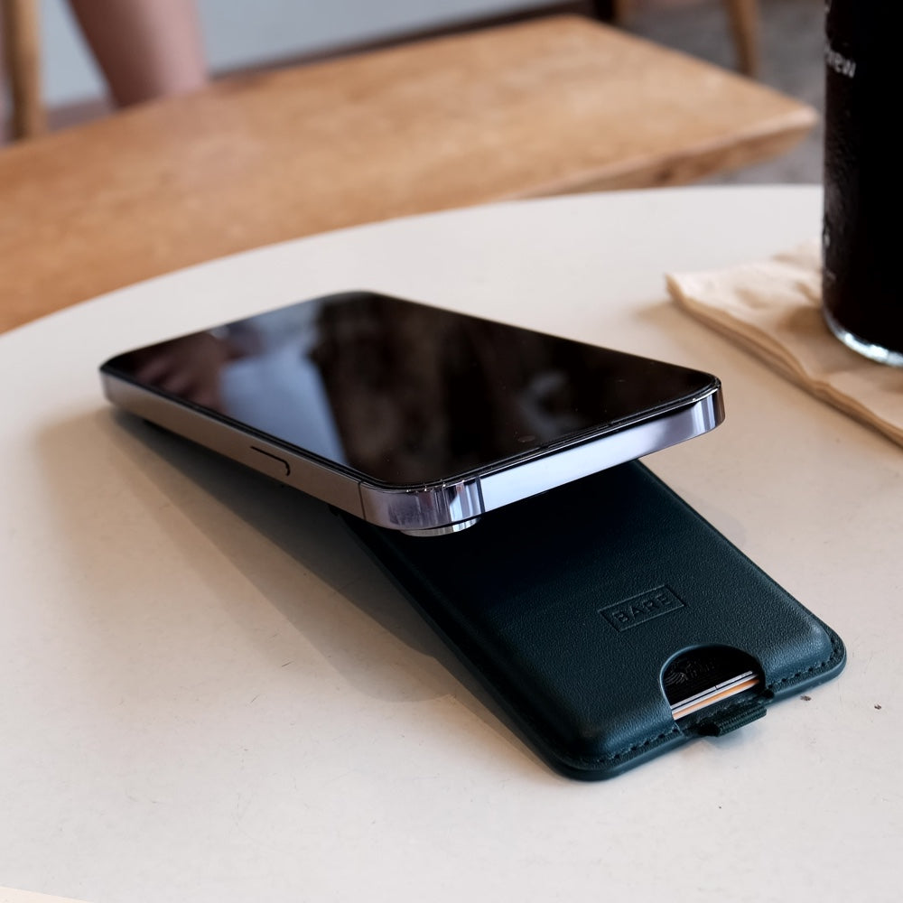 Bare Cases - MagSafe Wallet with Stand - on iPhone - Portrait Stand Mode - Low Angle